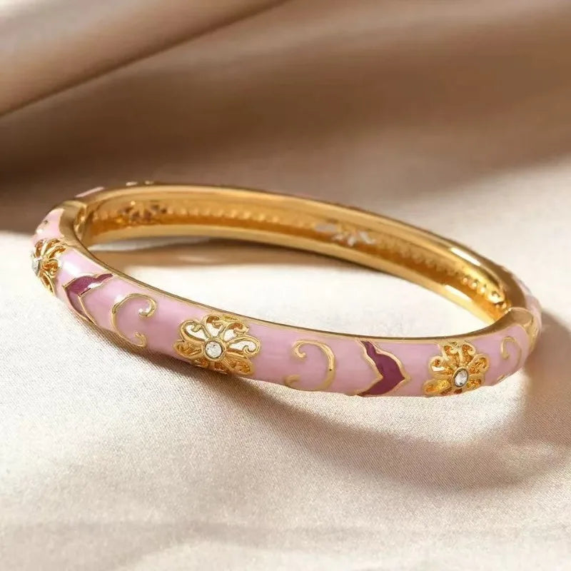 Colorful Enamel Floral Bangle Bracelet Retro Gold-Tone Open Cuff Elegant Dainty Jewelry For Women Gifts