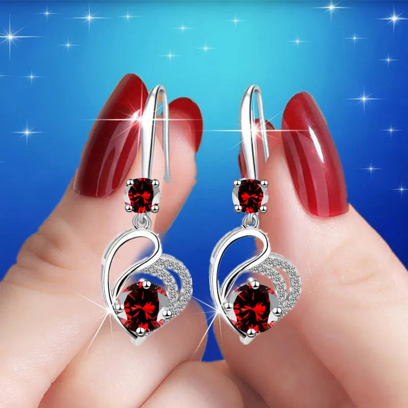 Cute Female Blue Love Heart Dangle Earrings Classic Silver Color Wedding Rainbow Crystal Round Stone Jewelry For Women