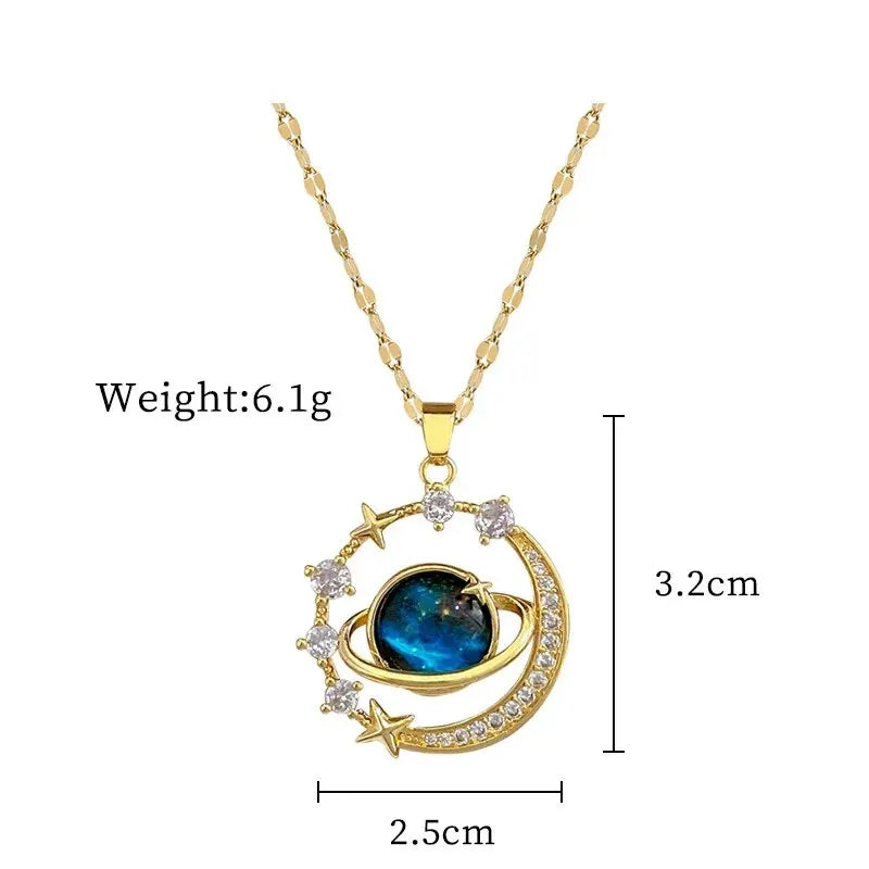 Galaxy Planet Necklace with Sparkling Crescent Moon