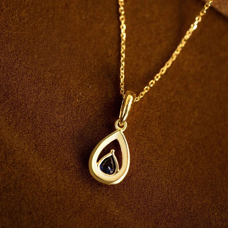 Huitan Gold Color Waterdrop Pendant with Blue Cubic Zirconia Necklace for Women Temperament Accessories Wedding Trendy Jewelry