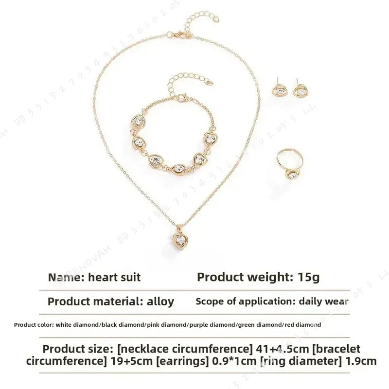 4pcs Luxury Heart Crystal Jewelry Set for Women Necklace Bracelet Ring Earrings Exquisite Wedding Party Accessories Holiday