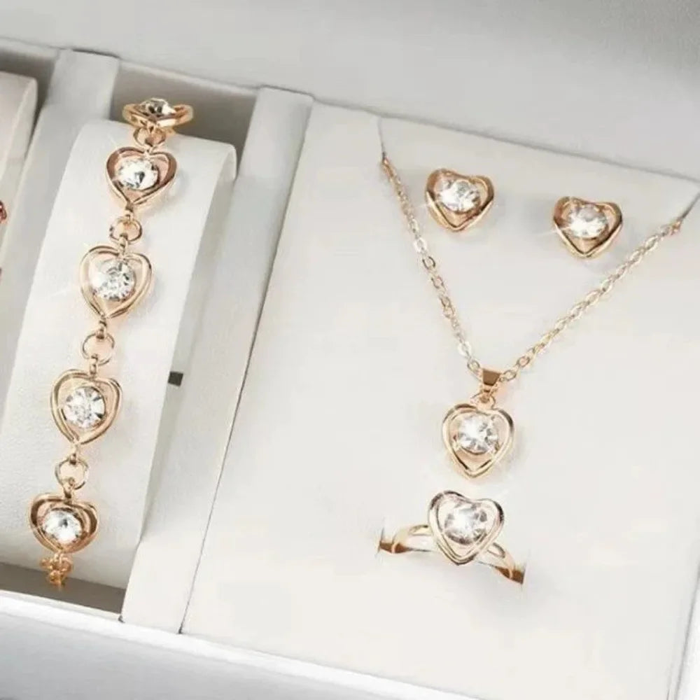 4pcs Luxury Heart Crystal Jewelry Set for Women Necklace Bracelet Ring Earrings Exquisite Wedding Party Accessories Holiday