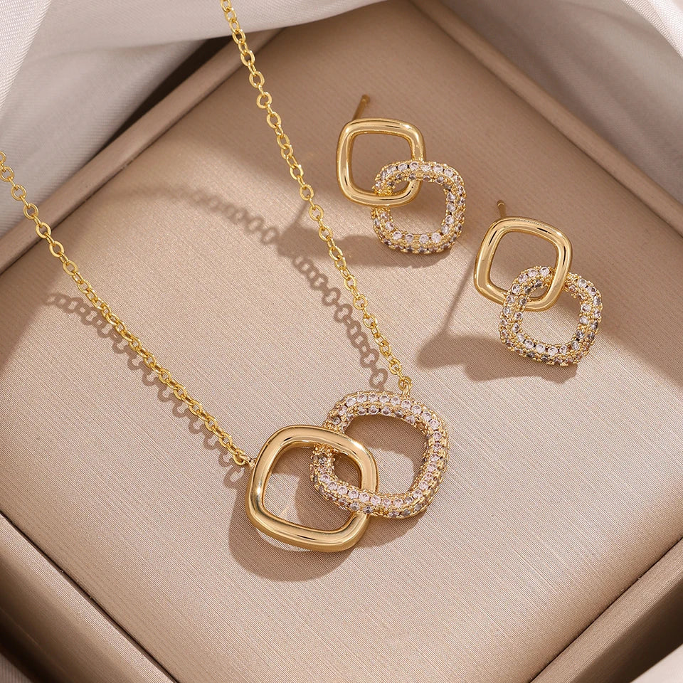 ZAKOL Hollowed Geometric Square Pendant Necklace Earrings Simple Fashion Shiny Zircon Party Jewelry Set Holiday Gifts