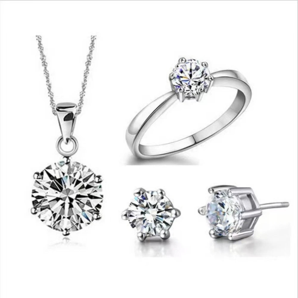 Classic Luxury Super Shiny Six-clawed Moissanite Pendant Necklace 1-carat Ring Earring Set for Women Bride Wedding Jewelry Sets