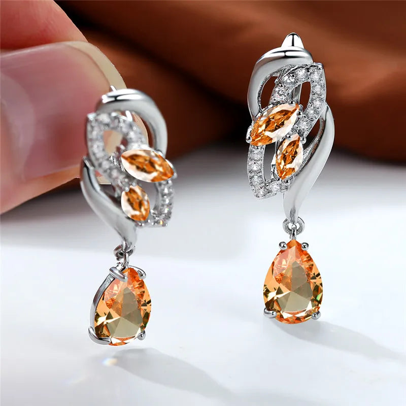 Luxury Female Blue Rainbow Stone Earring Silver Color Clip Earrings For Women Charm Crystal Zircon Wedding Jewelry
