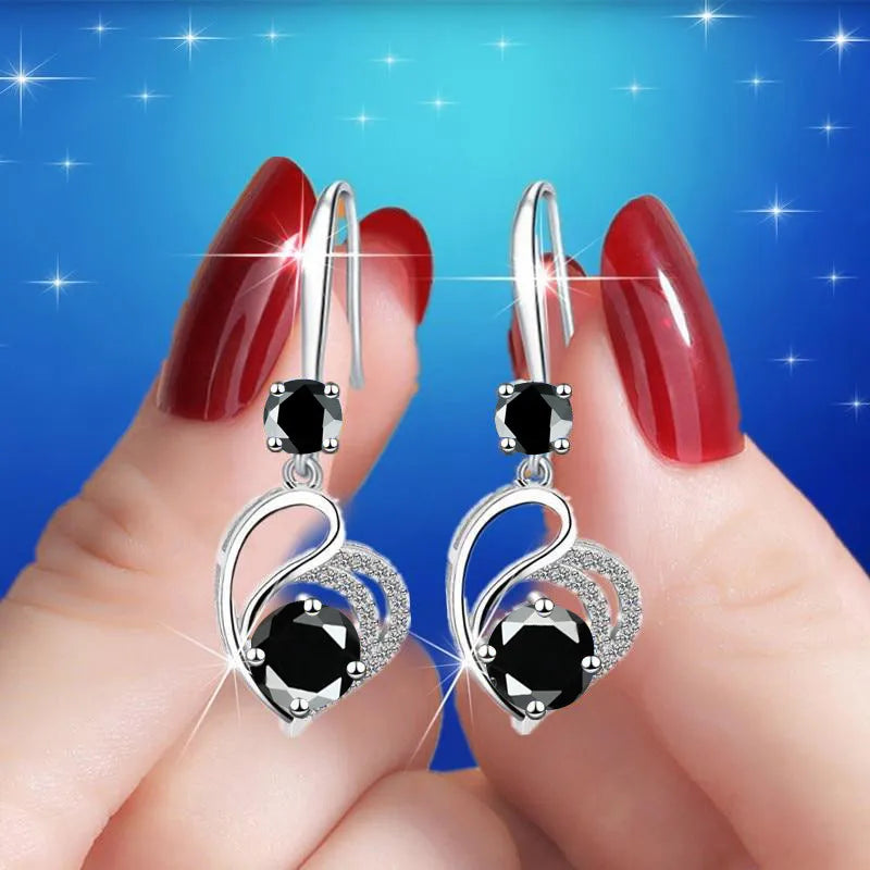 Cute Female Blue Love Heart Dangle Earrings Classic Silver Color Wedding Rainbow Crystal Round Stone Jewelry For Women