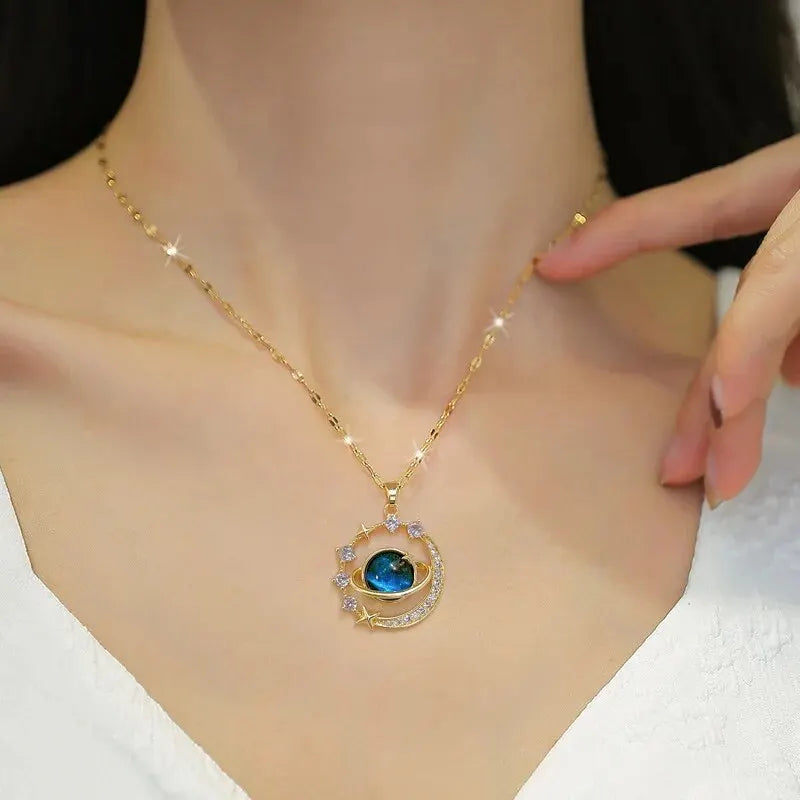 Galaxy Planet Necklace with Sparkling Crescent Moon