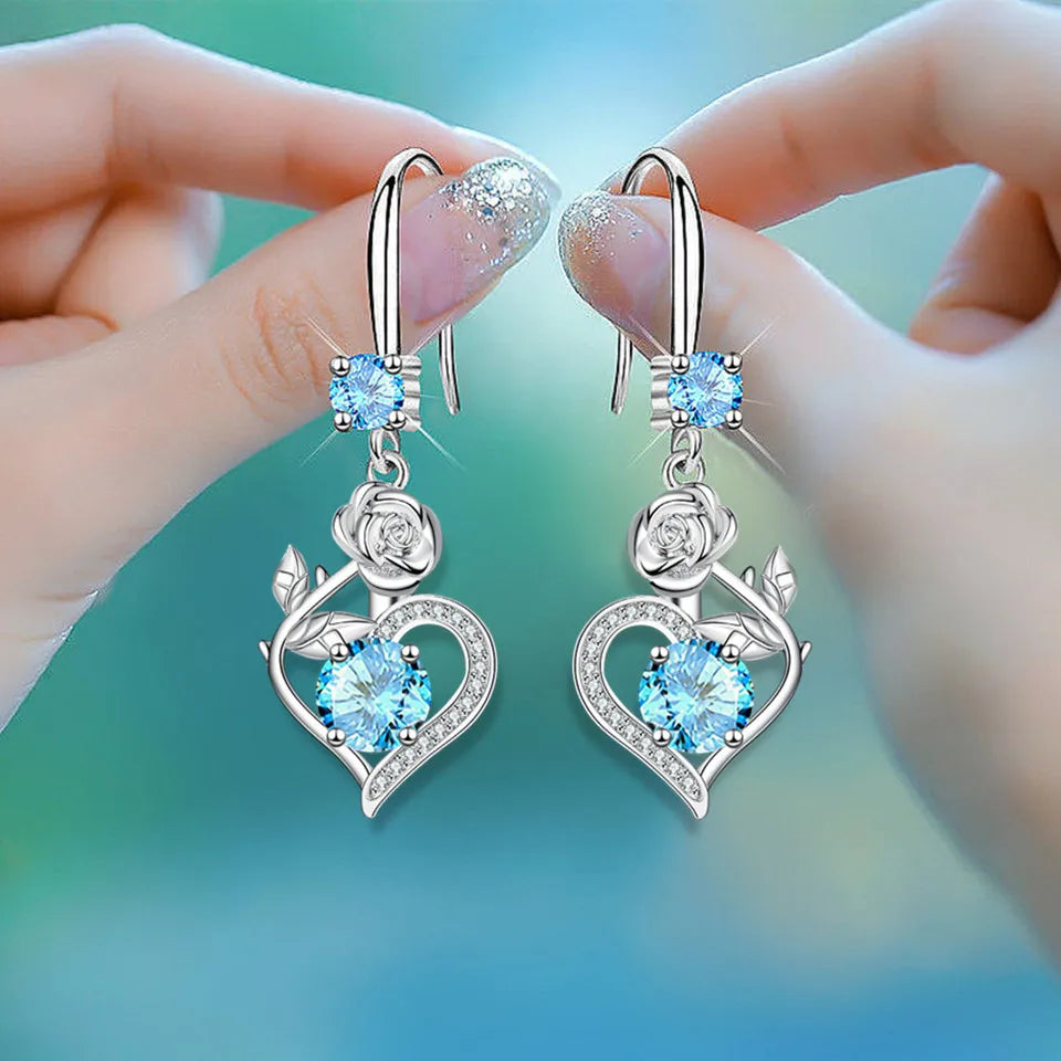 Rose Flower Heart Drop Earrings For Women Silver Color Blue Red Green Pink Zircon Valentine Dangle Earring Mothers Day Jewelry