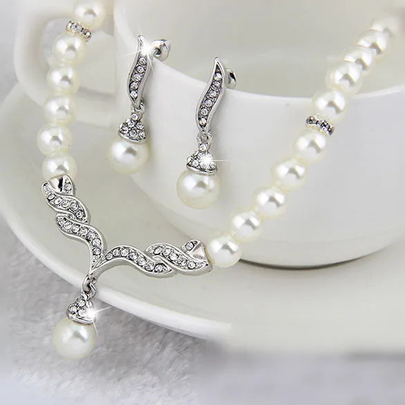 Creative Gold Color Necklace + 1 Pair Earrings Wedding Bridal Pearl Jewelry Set For Women Lady Female