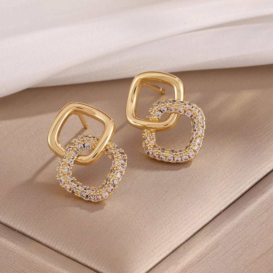 ZAKOL Hollowed Geometric Square Pendant Necklace Earrings Simple Fashion Shiny Zircon Party Jewelry Set Holiday Gifts