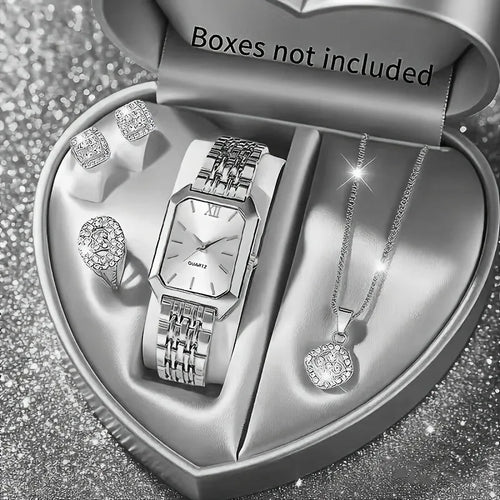 5PCS Womens Elegant Rectangle Rhinestone Quartz Watch Jewelry Set Fashion Women Watches Reloj Mujer Girl Clock Gift（Without Box）