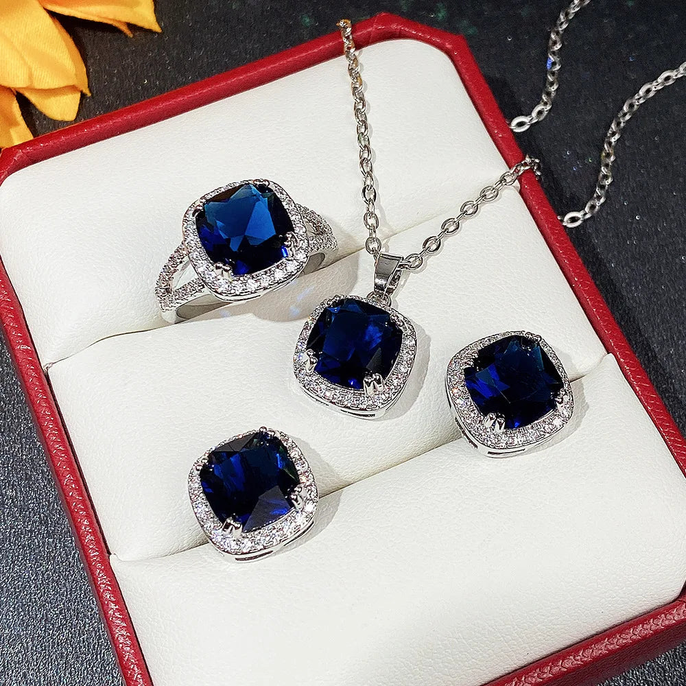 Royal Blue Crystal Jewelry Set – Necklace, Earrings & Ring