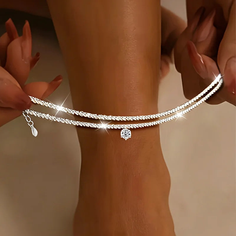 Silver-Tone Layered Anklet with Sparkling Charm