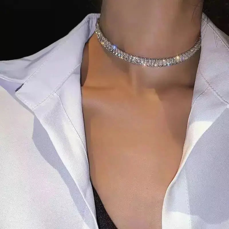 Stainless Steel Shiny Zircon Necklace for Women Simple Adjustable Rhinestones Collar Choker Necklace Fine Jewelry Gifts