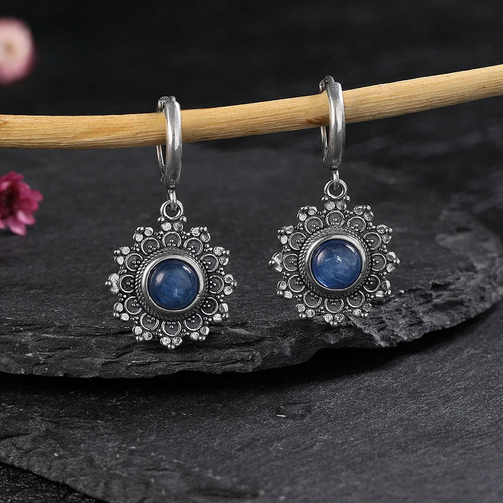 Silver Plated Snowflake Natural Kyanite Earrings for Women Round 6MM Blue Stone Vintage Jewelry Party Anniversary Gifts