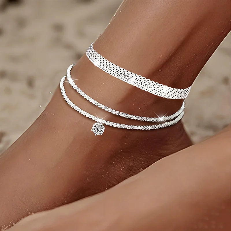 Silver-Tone Layered Anklet with Sparkling Charm