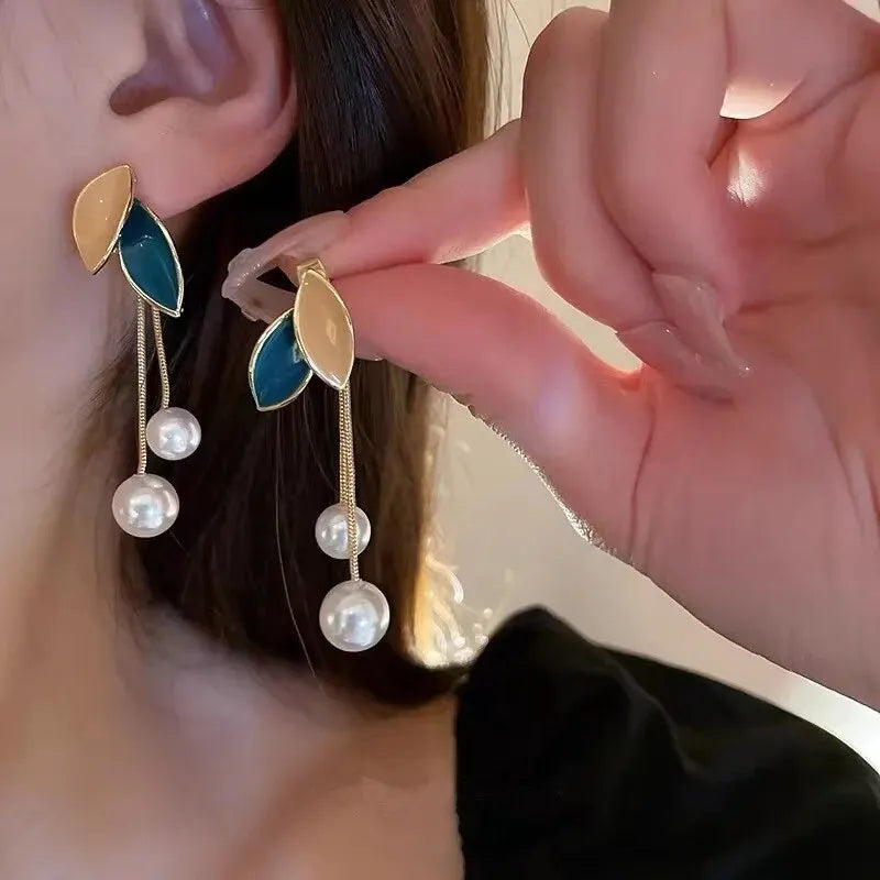 Green Enamel and Pearl Statement Earrings