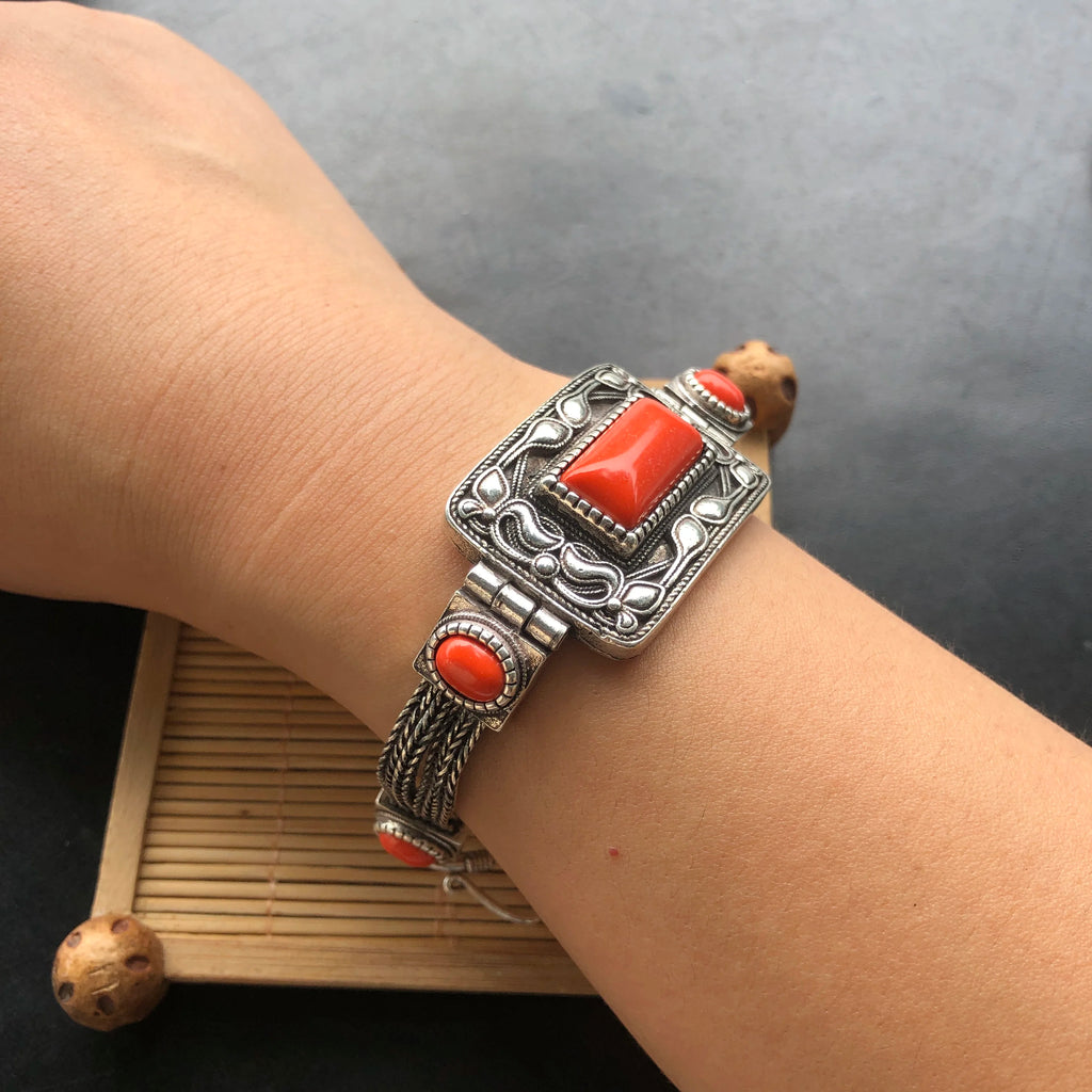 Vintage Tibetan Silver Bracelet Multi‑Chain Braided Band Rectangle & Oval Red Synthetic Stone Ornate Carved Ethnic Retro Women H