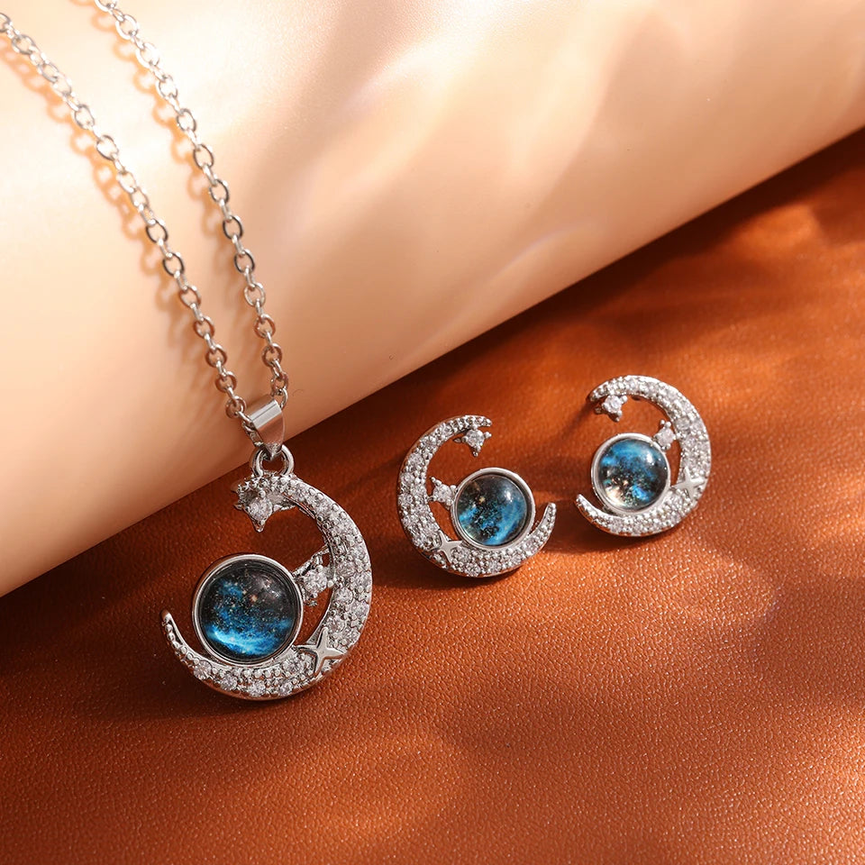 Galaxy Planet Necklace with Sparkling Crescent Moon