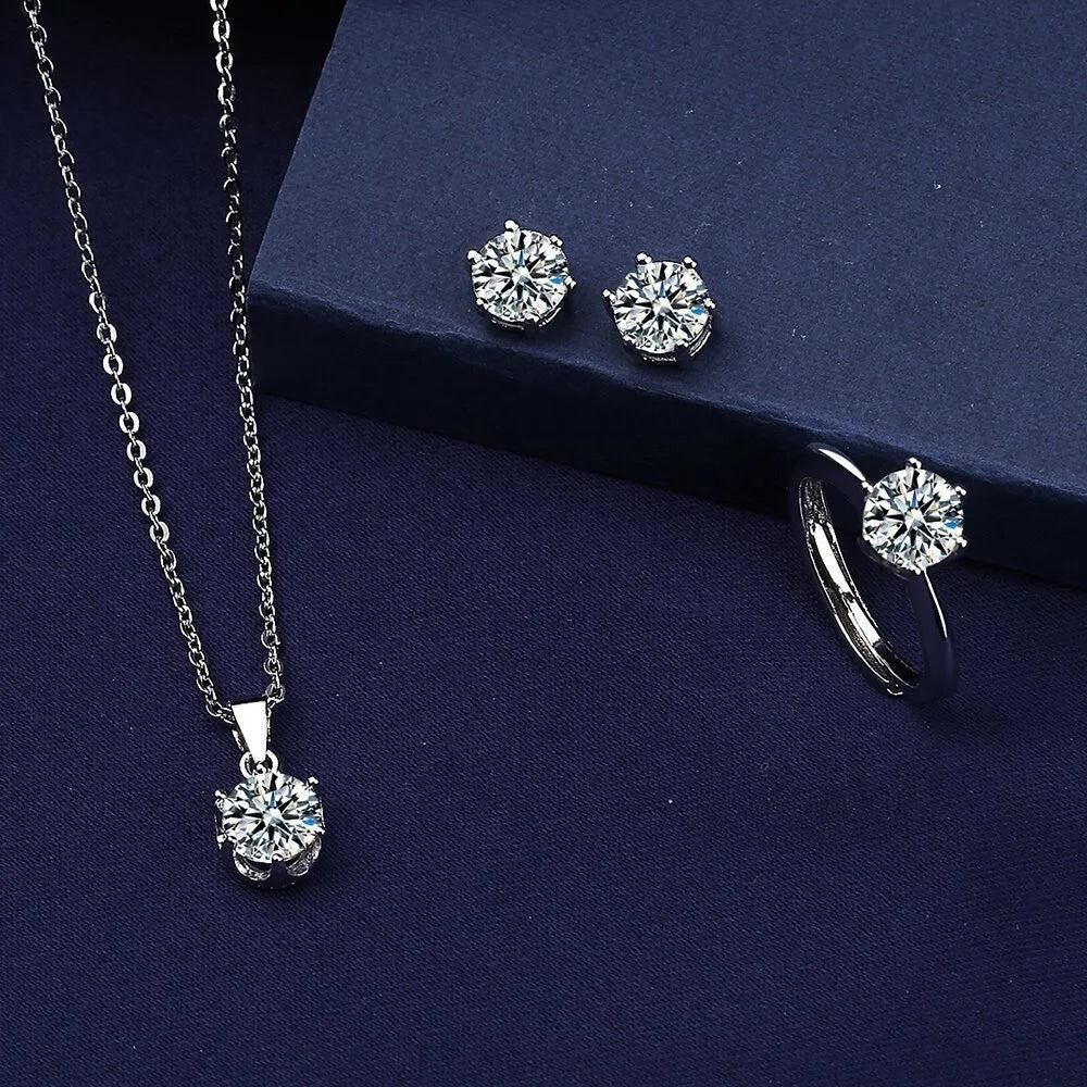 Classic Luxury Super Shiny Six-clawed Moissanite Pendant Necklace 1-carat Ring Earring Set for Women Bride Wedding Jewelry Sets