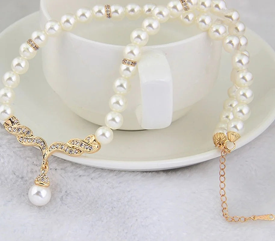 Creative Gold Color Necklace + 1 Pair Earrings Wedding Bridal Pearl Jewelry Set For Women Lady Female