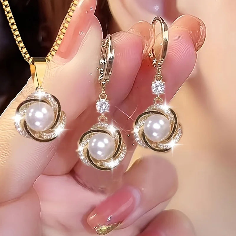 Light Luxury Shining Zircon Imitation Pearl Jewelry Sets for Women Trendy Versatile Necklace Earrings Party Christmas Gifts