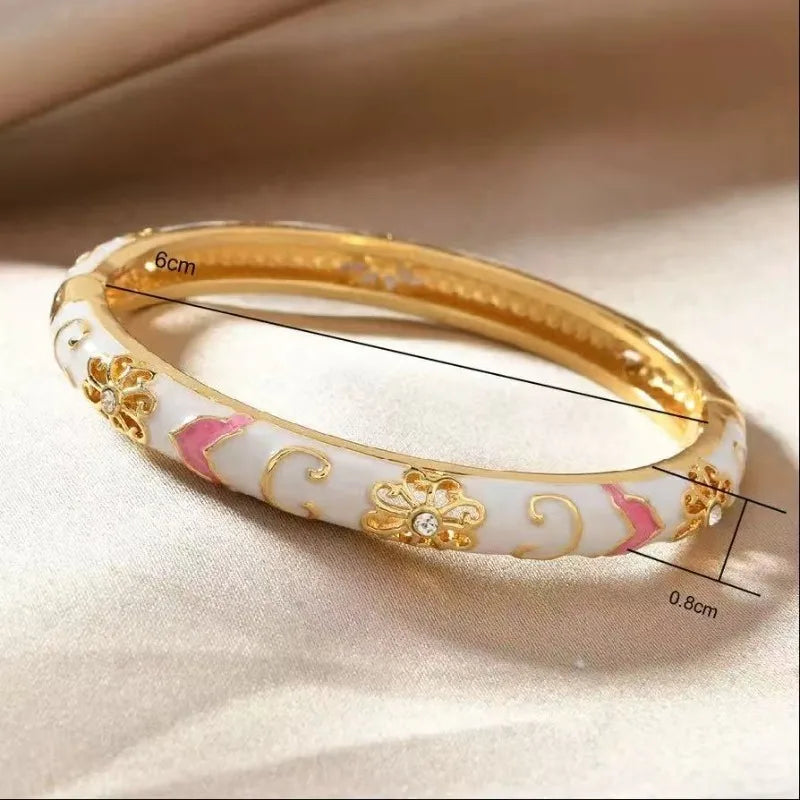 Colorful Enamel Floral Bangle Bracelet Retro Gold-Tone Open Cuff Elegant Dainty Jewelry For Women Gifts