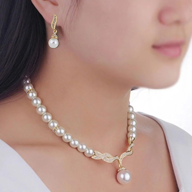 Creative Gold Color Necklace + 1 Pair Earrings Wedding Bridal Pearl Jewelry Set For Women Lady Female