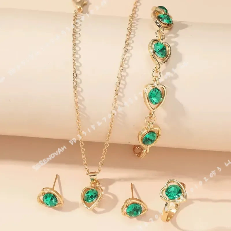 4pcs Luxury Heart Crystal Jewelry Set for Women Necklace Bracelet Ring Earrings Exquisite Wedding Party Accessories Holiday