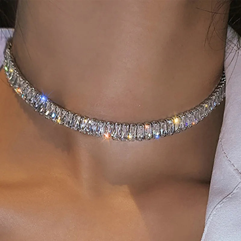 Stainless Steel Shiny Zircon Necklace for Women Simple Adjustable Rhinestones Collar Choker Necklace Fine Jewelry Gifts