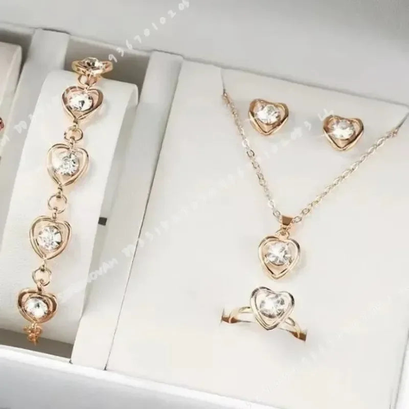 4pcs Luxury Heart Crystal Jewelry Set for Women Necklace Bracelet Ring Earrings Exquisite Wedding Party Accessories Holiday