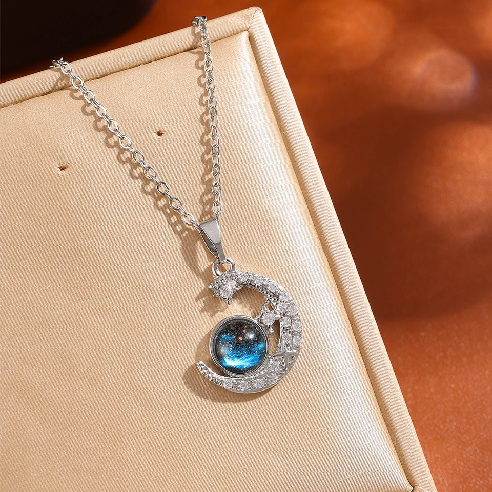 Galaxy Planet Necklace with Sparkling Crescent Moon