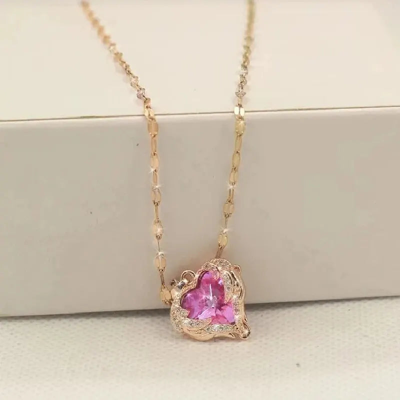 Blue Gem Heart Necklace with Rhinestone Accents