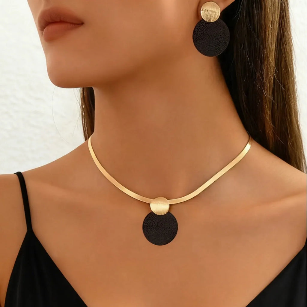 Modern Noir Disc Necklace and Earrings