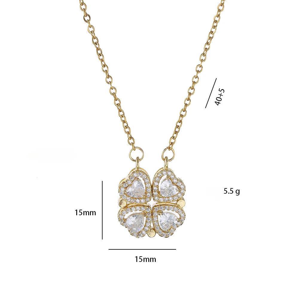 Romantic Sweet Can Open Zircon Clover Choker Necklace for Women Girls Trendy Stainless Steel Chain Luxury Bling Jewelry Gifts