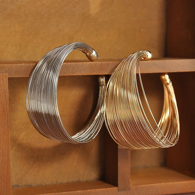 Fashion Multi-Layer Metal Wire String Open Bangle for Women Wide Sleeve Exaggerated Mouth Bracelet Jewelry Indian Bracelet