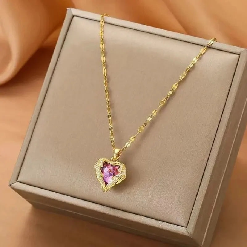 Blue Gem Heart Necklace with Rhinestone Accents