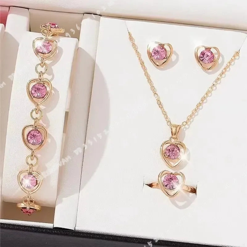 4pcs Luxury Heart Crystal Jewelry Set for Women Necklace Bracelet Ring Earrings Exquisite Wedding Party Accessories Holiday