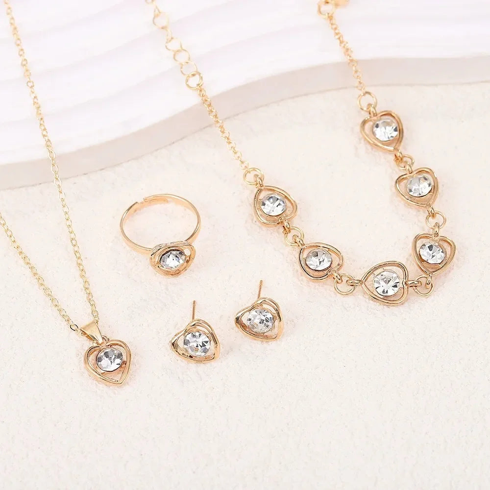 4pcs Luxury Heart Crystal Jewelry Set for Women Necklace Bracelet Ring Earrings Exquisite Wedding Party Accessories Holiday