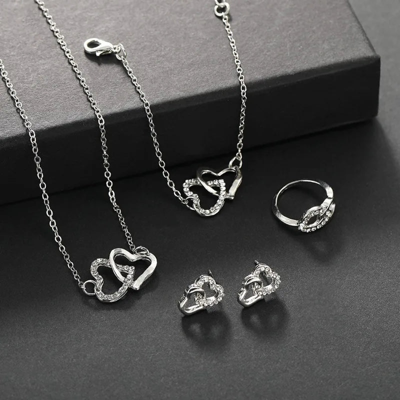 Vintage Rhinestone Jewelry Set - 5Pcs Alloy Necklace Earrings Bracelet Ring Classic Daily Wear