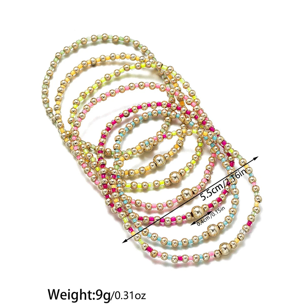 7 Bohemian style colorful rice bead bracelets with multiple layers of stacked beads, women's elastic thread bracelet