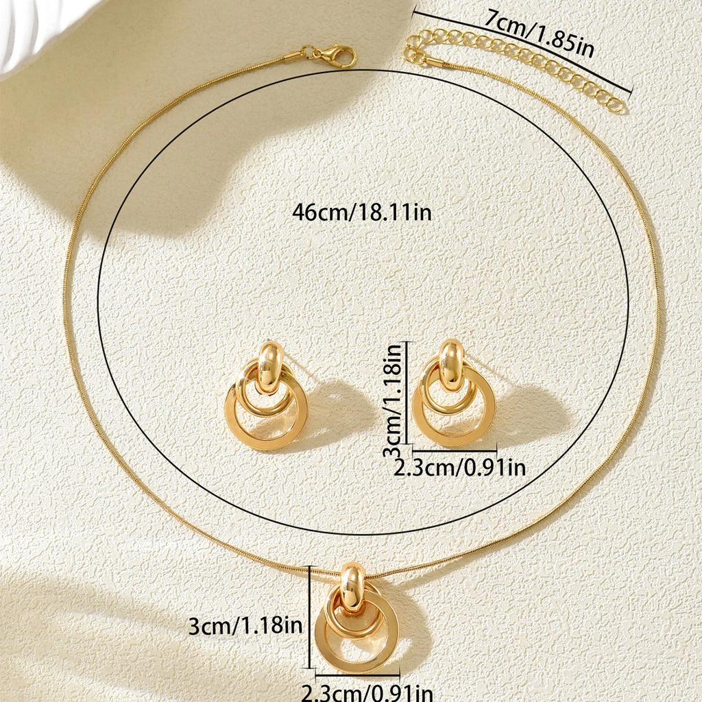 Modern Double-Ring Pendant and Earring Set