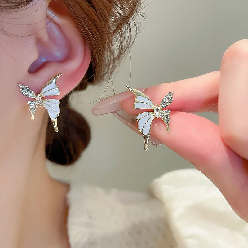 Golden Butterfly Stud Earrings with Pink Enamel Wings