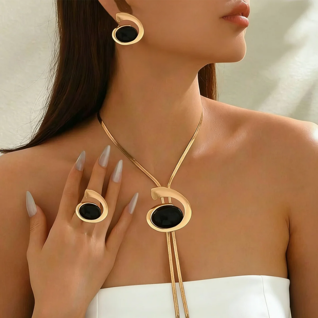 Golden Frame Onyx-Look Jewelry Set