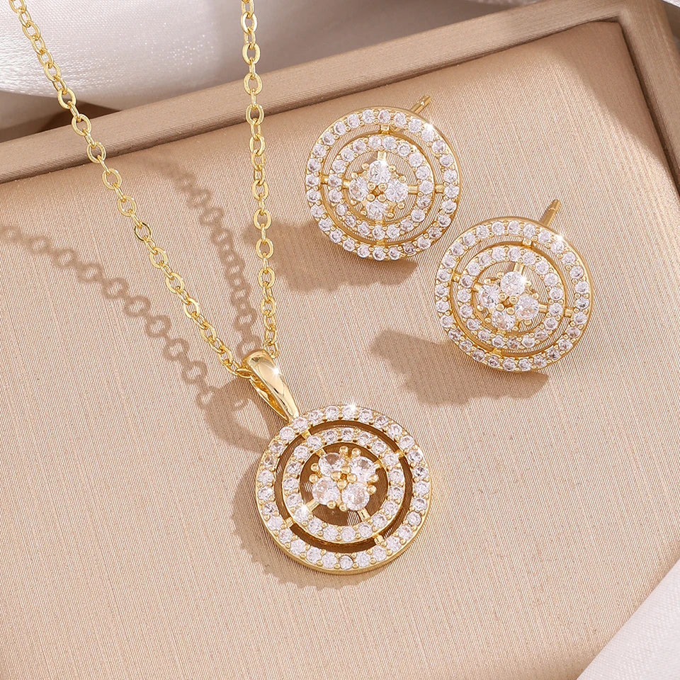ZAKOL Minimalist Fashion Women Jewelry Set Round Cubic Zirconia Pendant Necklace Earrings Bridal Wedding Accessories