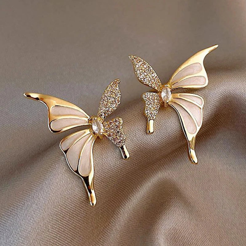 Golden Butterfly Stud Earrings with Pink Enamel Wings