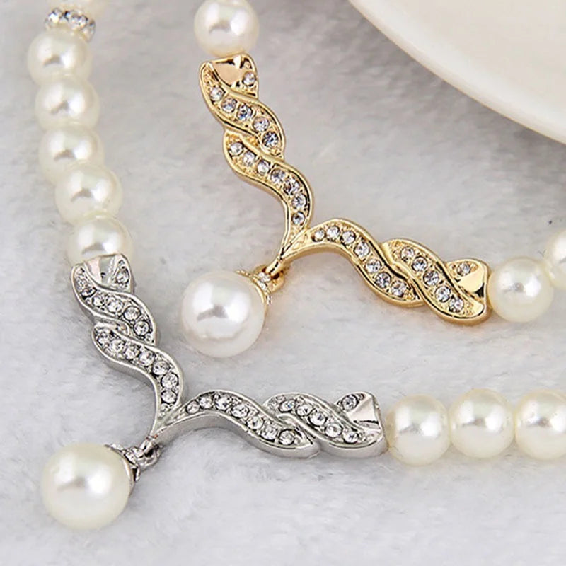 Creative Gold Color Necklace + 1 Pair Earrings Wedding Bridal Pearl Jewelry Set For Women Lady Female