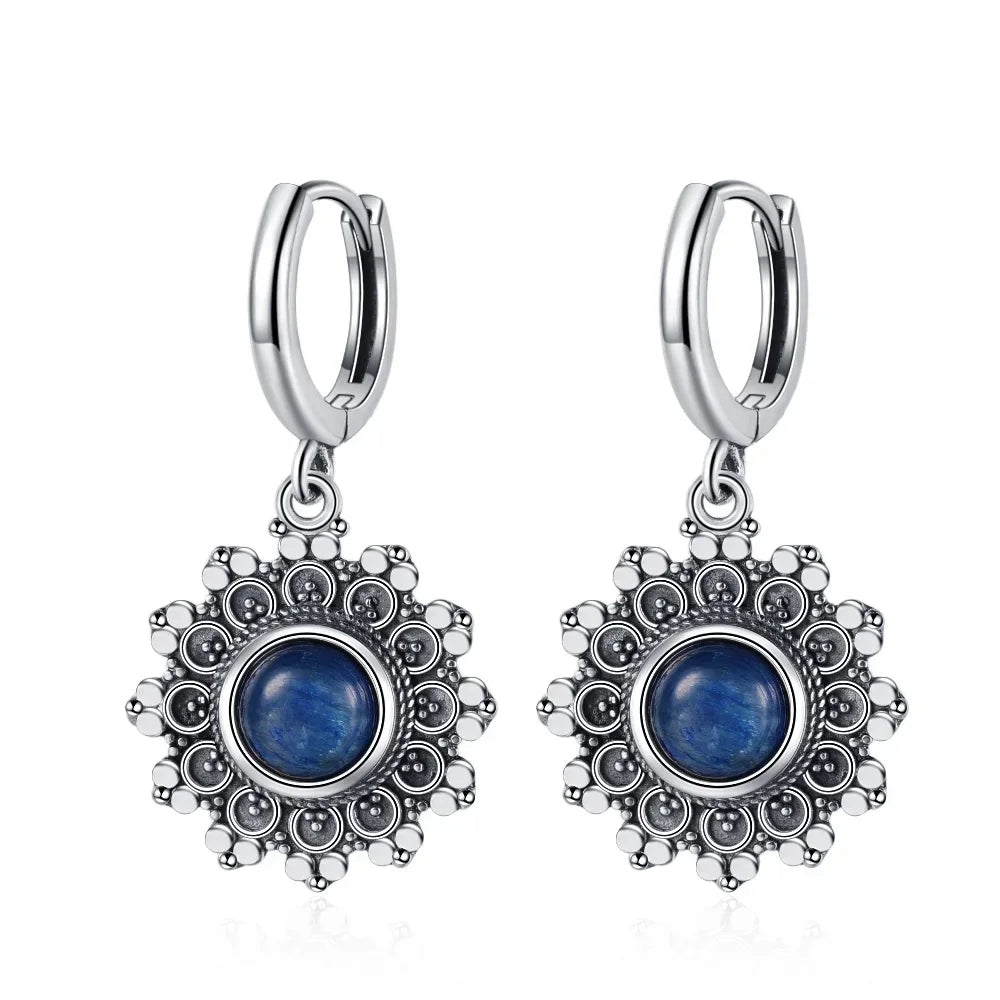 Silver Plated Snowflake Natural Kyanite Earrings for Women Round 6MM Blue Stone Vintage Jewelry Party Anniversary Gifts