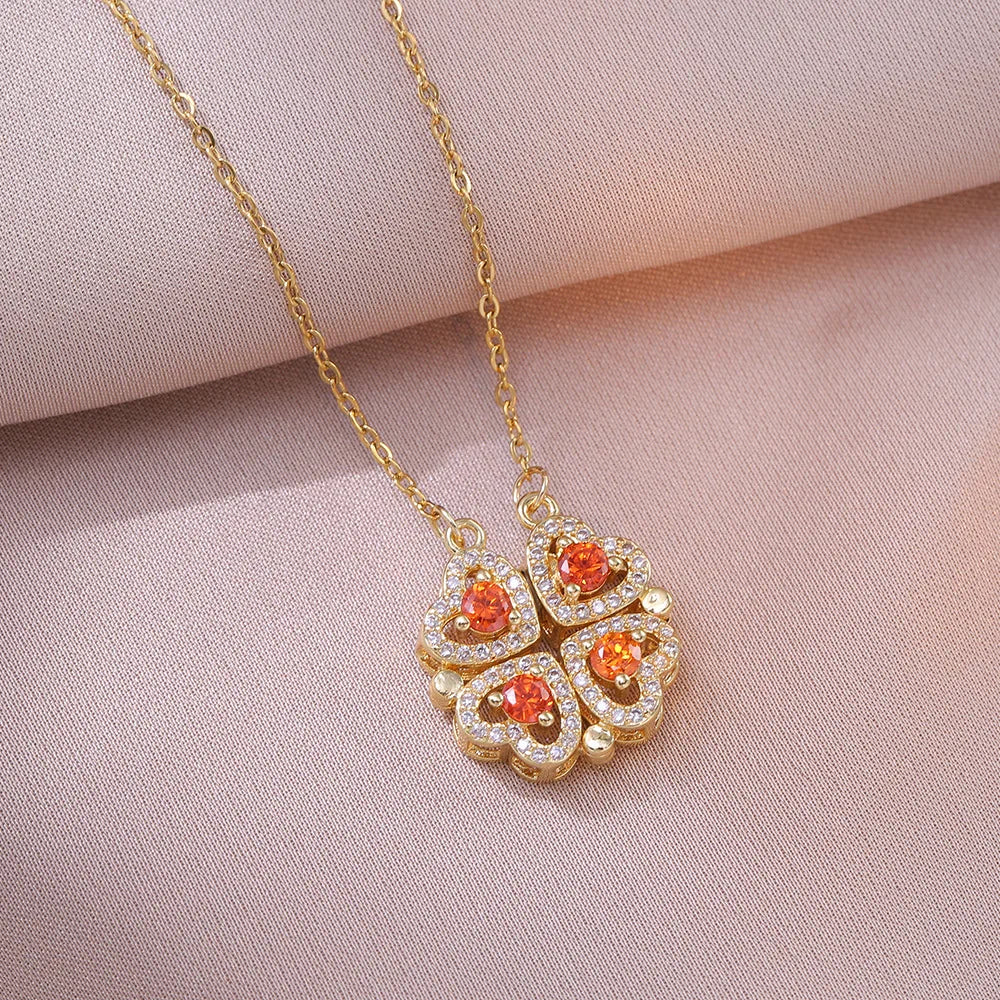Romantic Sweet Can Open Zircon Clover Choker Necklace for Women Girls Trendy Stainless Steel Chain Luxury Bling Jewelry Gifts