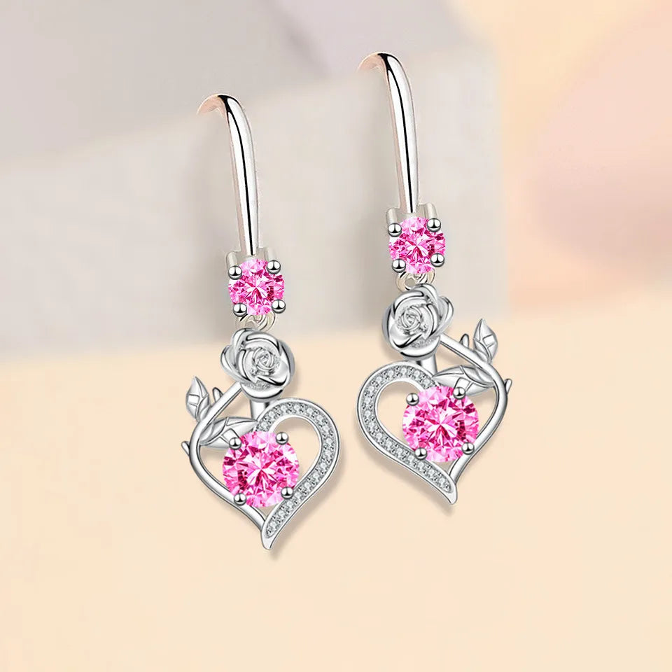 Rose Flower Heart Drop Earrings For Women Silver Color Blue Red Green Pink Zircon Valentine Dangle Earring Mothers Day Jewelry